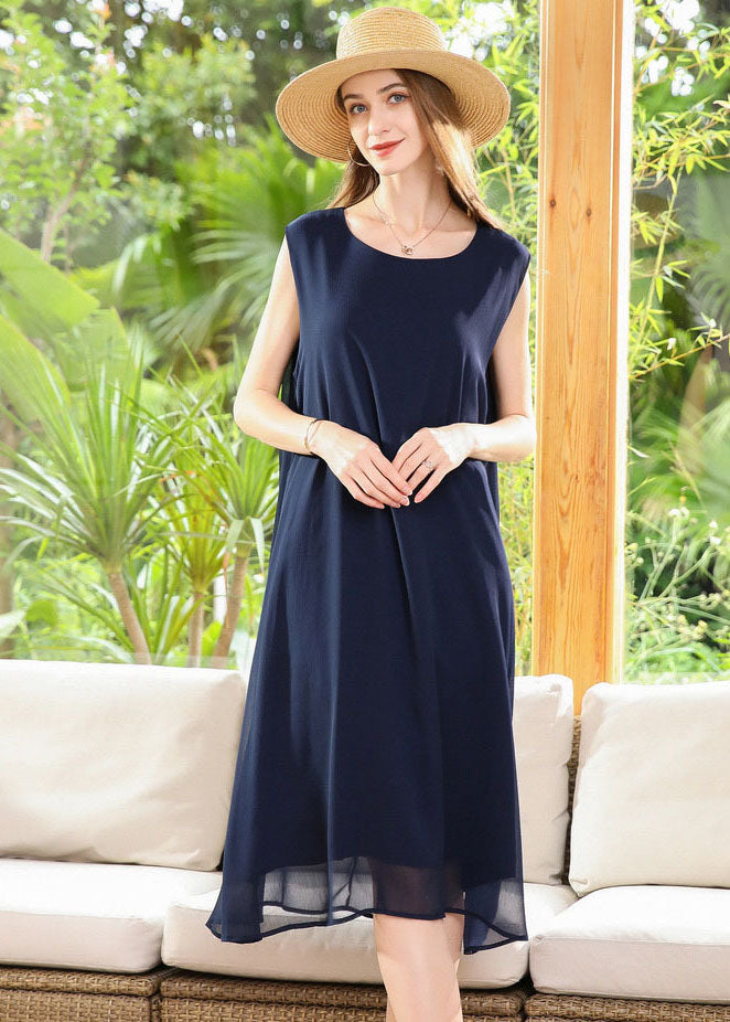 Casual Navy O-Neck Oversized Chiffon Long Dress Sleeveless LY0258 - fabuloryshop