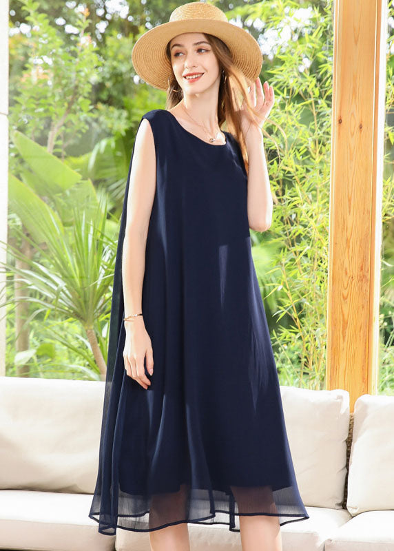 Casual Navy O-Neck Oversized Chiffon Long Dress Sleeveless LY0258 - fabuloryshop