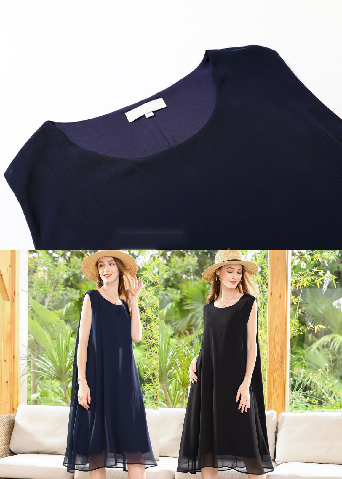 Casual Navy O-Neck Oversized Chiffon Long Dress Sleeveless LY0258 - fabuloryshop