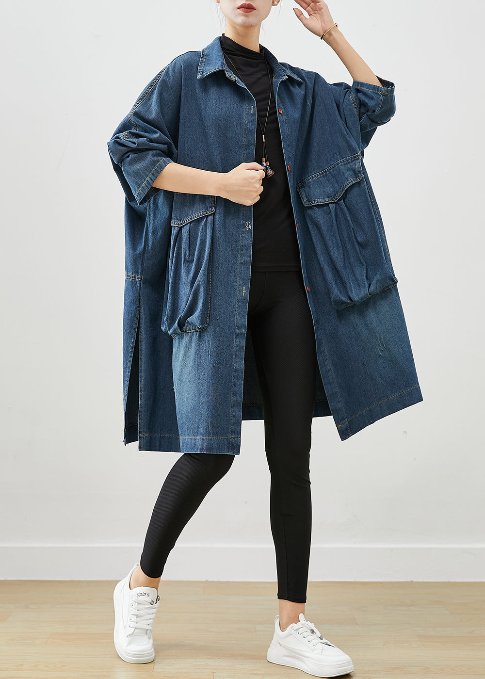 Casual Navy Oversized Big Pockets Denim Trench Fall Ada Fashion