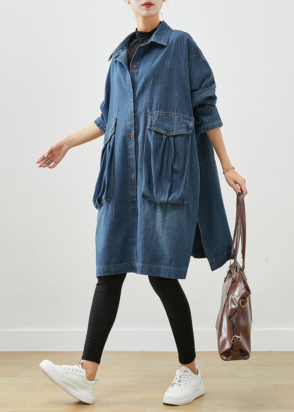 Casual Navy Oversized Big Pockets Denim Trench Fall Ada Fashion