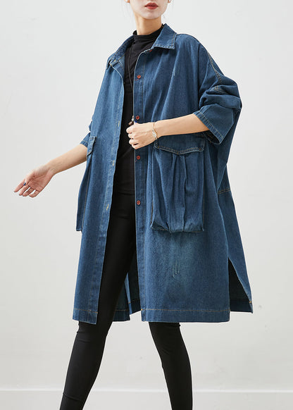 Casual Navy Oversized Big Pockets Denim Trench Fall Ada Fashion