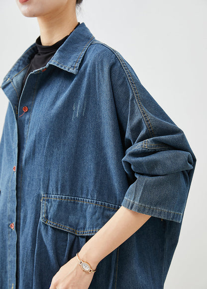 Casual Navy Oversized Big Pockets Denim Trench Fall Ada Fashion