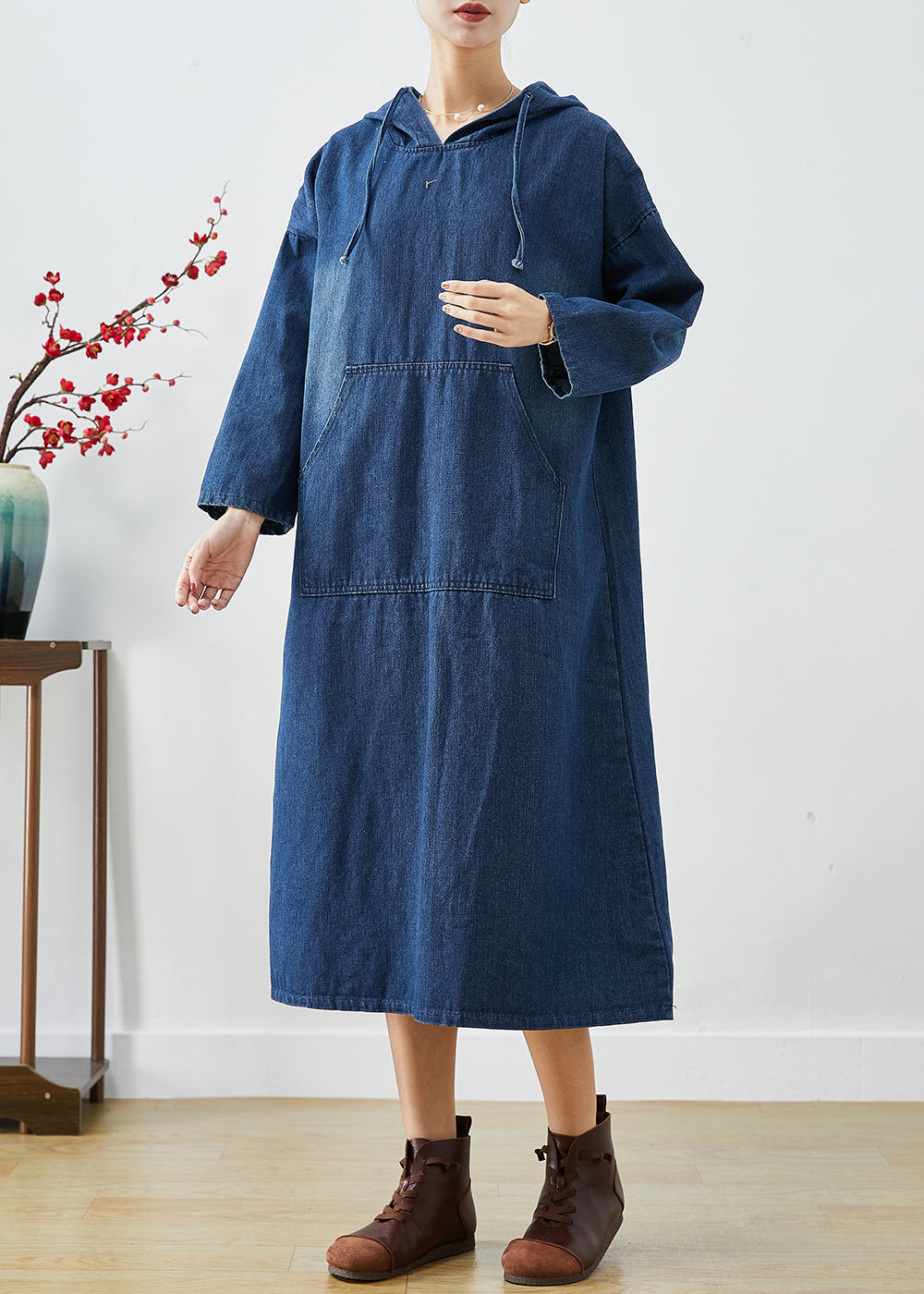 Casual Navy Oversized Hooded Denim Vacation Dresses Fall Ada Fashion