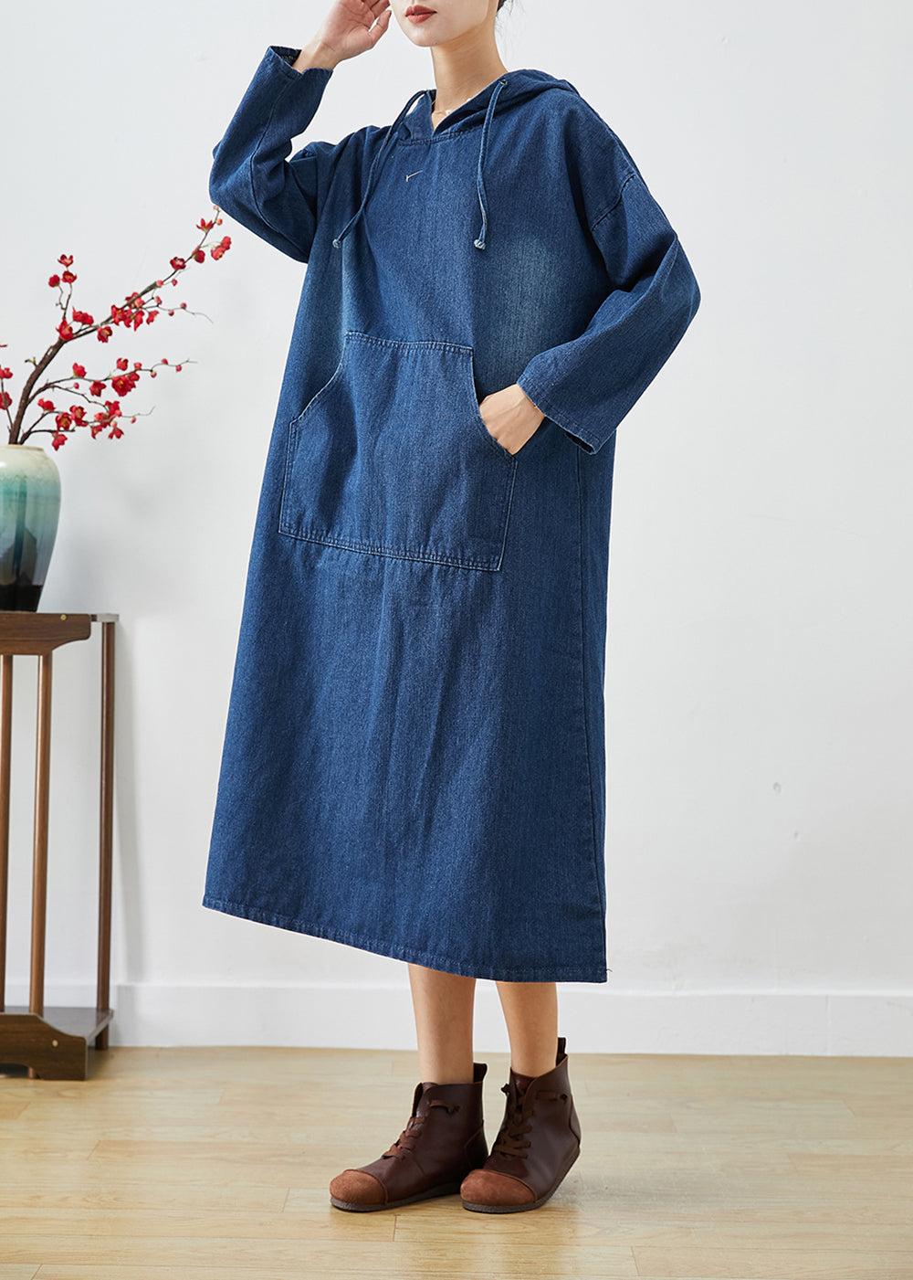 Casual Navy Oversized Hooded Denim Vacation Dresses Fall Ada Fashion