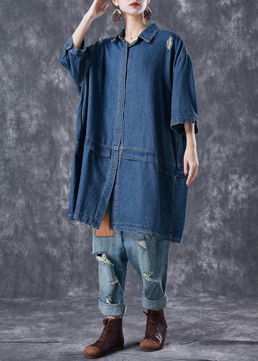 Casual Navy Oversized Patchwork Denim Ripped Trench Coats Bracelet Sleeve Ada Fashion