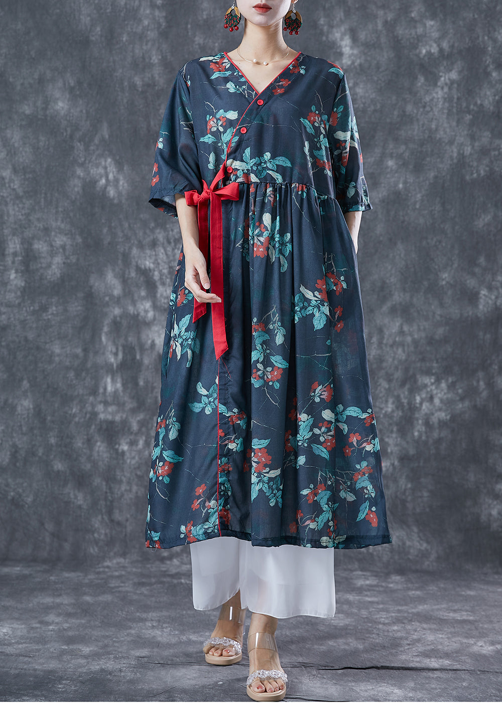 Casual Navy Oversized Print Lace Up Linen Dresses Summer TA1066 - fabuloryshop