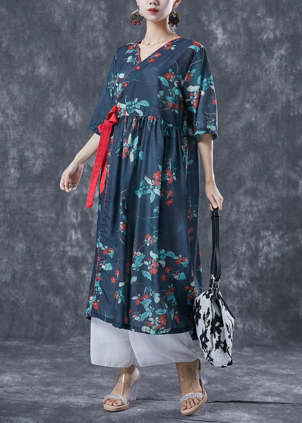 Casual Navy Oversized Print Lace Up Linen Dresses Summer TA1066 - fabuloryshop