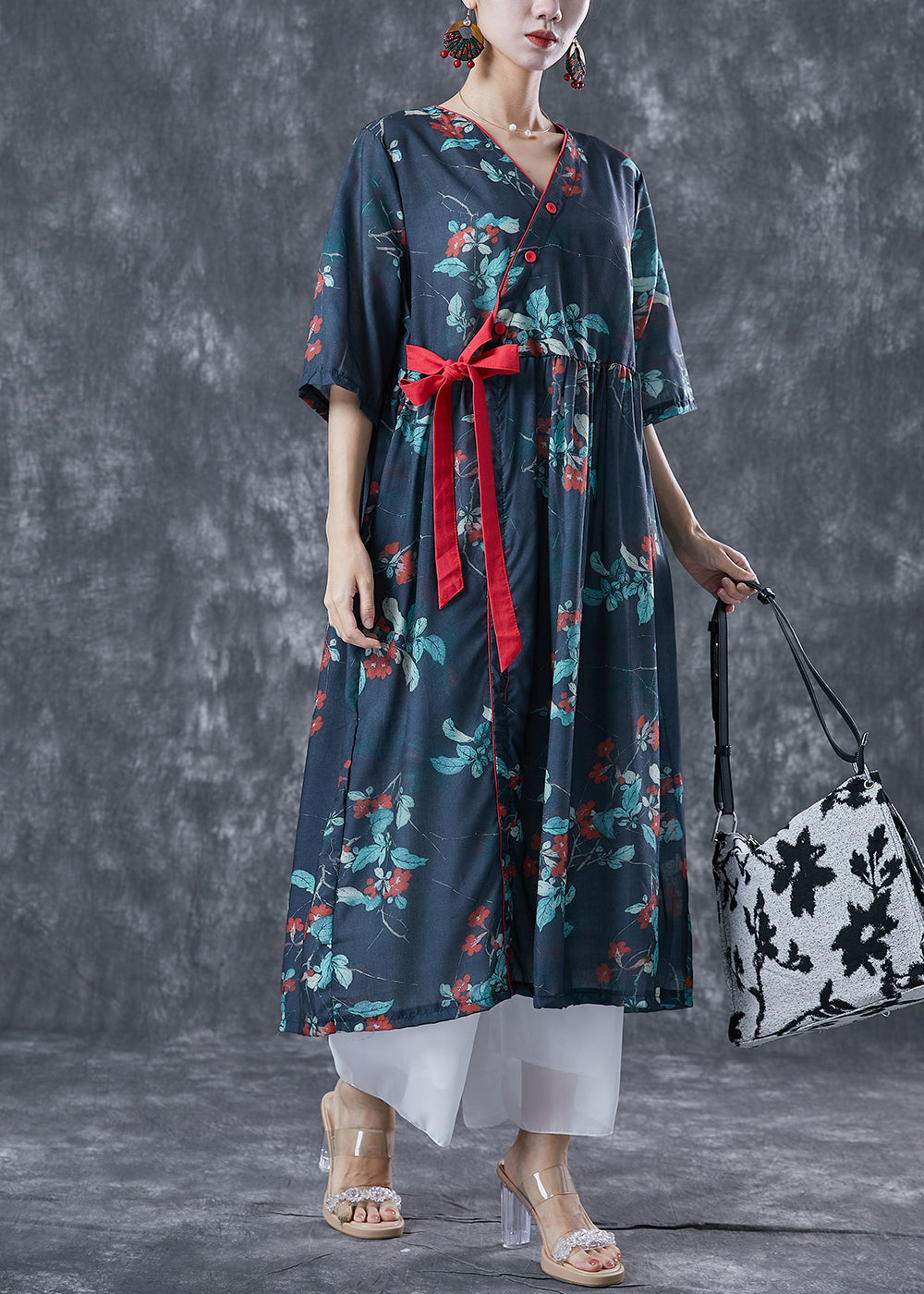Casual Navy Oversized Print Lace Up Linen Dresses Summer LY5031 - fabuloryshop
