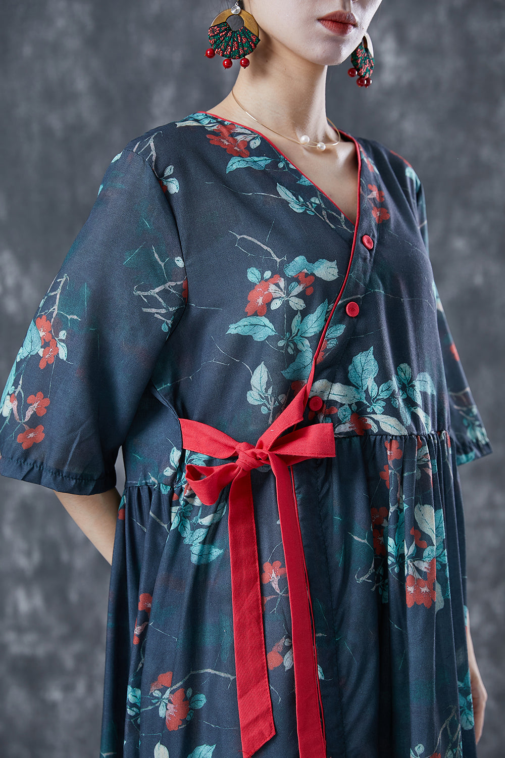 Casual Navy Oversized Print Lace Up Linen Dresses Summer LY5031 - fabuloryshop