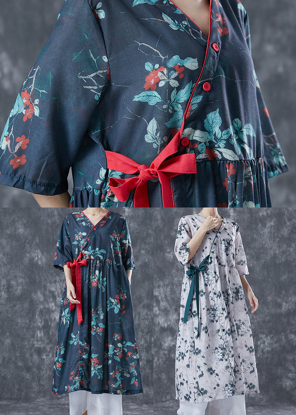Casual Navy Oversized Print Lace Up Linen Dresses Summer LY5031 - fabuloryshop