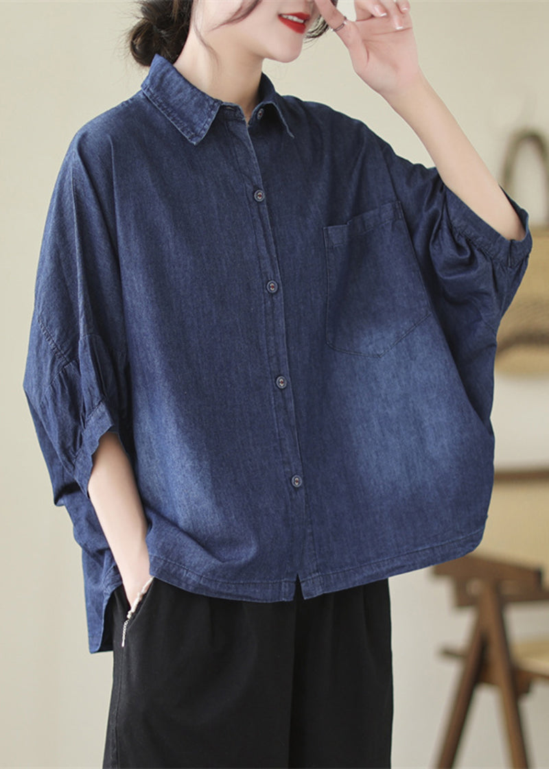 Casual Navy Oversized Washed Denim Blouses Batwing Sleeve LY5304 - fabuloryshop