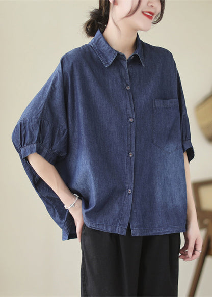 Casual Navy Oversized Washed Denim Blouses Batwing Sleeve LY5304 - fabuloryshop