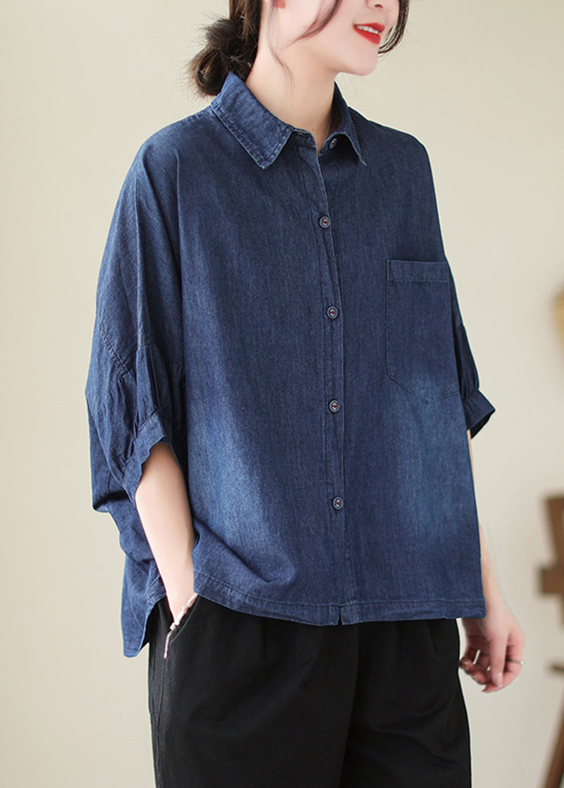 Casual Navy Oversized Washed Denim Blouses Batwing Sleeve LY5304 - fabuloryshop