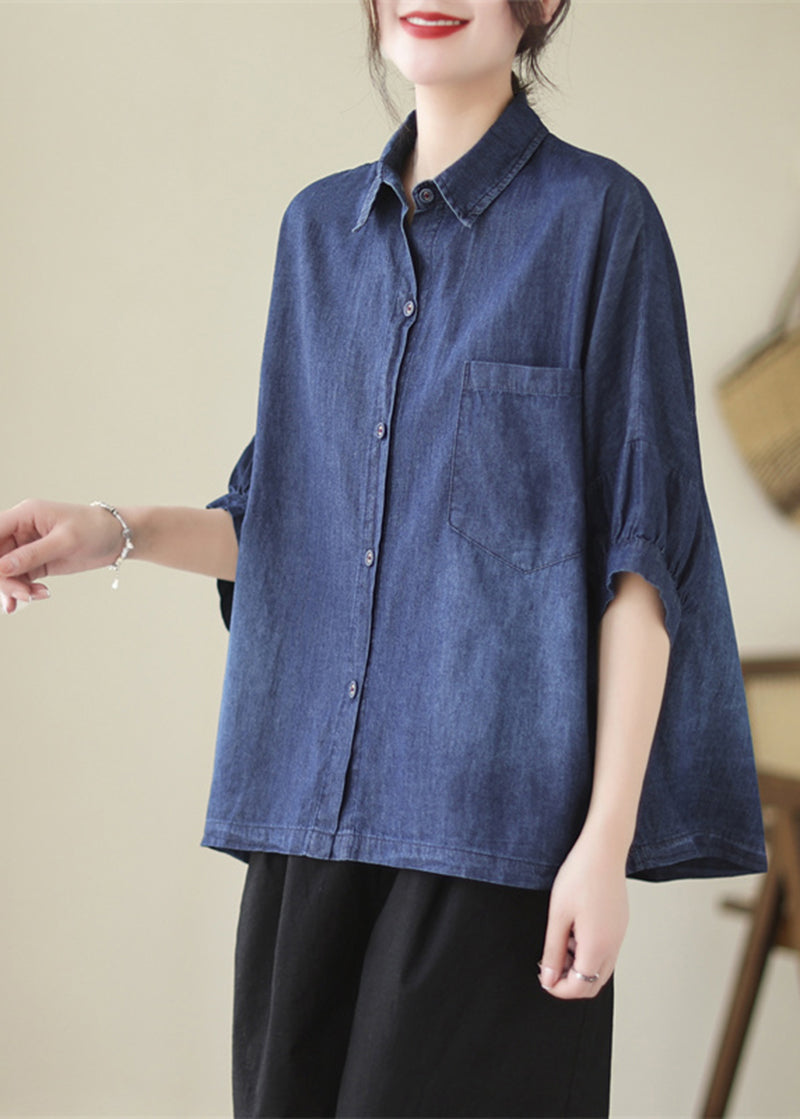 Casual Navy Oversized Washed Denim Blouses Batwing Sleeve LY5304 - fabuloryshop