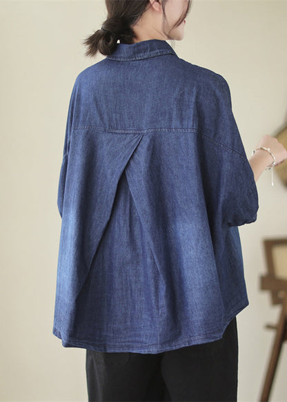 Casual Navy Oversized Washed Denim Blouses Batwing Sleeve LY5304 - fabuloryshop