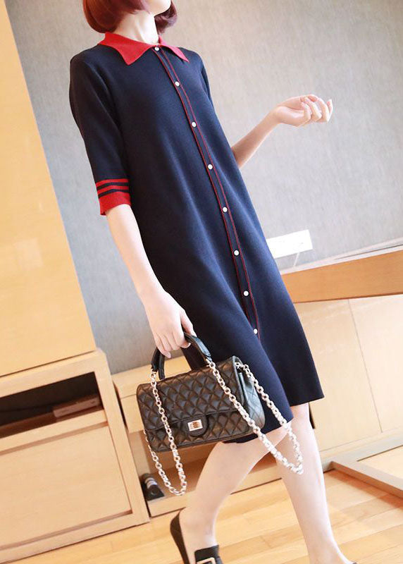 Casual Navy Peter Pan Collar Button Knitted Dresses Half Sleeve LY1445 - fabuloryshop