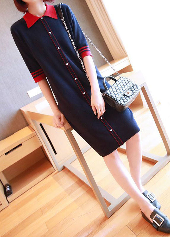 Casual Navy Peter Pan Collar Button Knitted Dresses Half Sleeve LY1445 - fabuloryshop