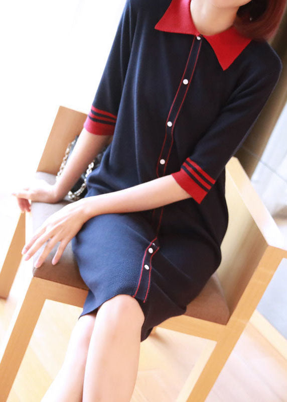 Casual Navy Peter Pan Collar Button Knitted Dresses Half Sleeve LY1445 - fabuloryshop