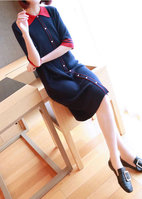 Casual Navy Peter Pan Collar Button Knitted Dresses Half Sleeve LY1445 - fabuloryshop