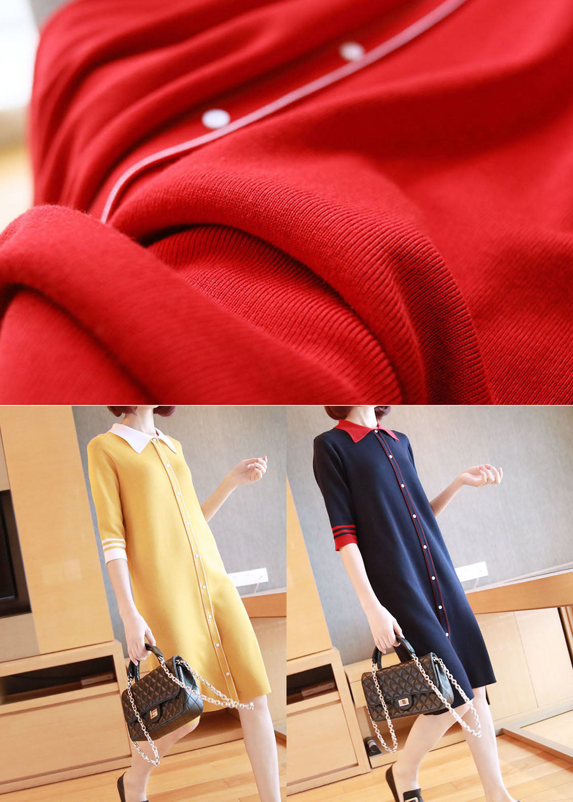 Casual Navy Peter Pan Collar Button Knitted Dresses Half Sleeve LY1445 - fabuloryshop