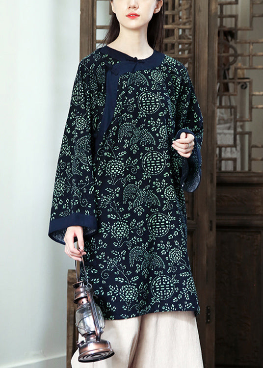 Casual Navy Print  Button Patchwork Cotton Mid Dress Fall Ada Fashion