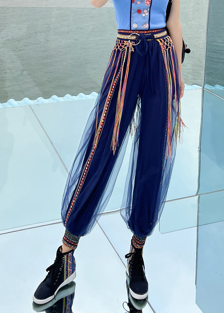 Casual Navy Print Embroideried Elastic Tulle Beam Pants Summer LY0195 - fabuloryshop