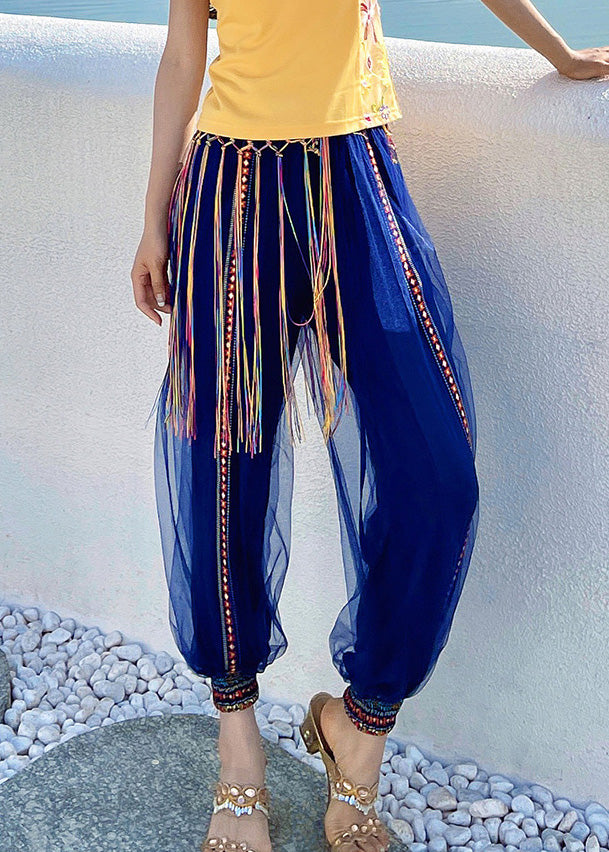 Casual Navy Print Embroideried Elastic Tulle Beam Pants Summer LY0195 - fabuloryshop