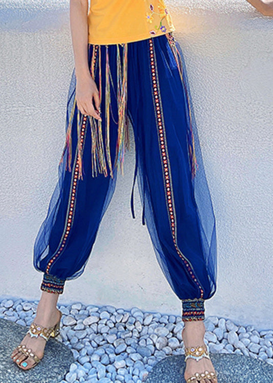 Casual Navy Print Embroideried Elastic Tulle Beam Pants Summer LY0195 - fabuloryshop