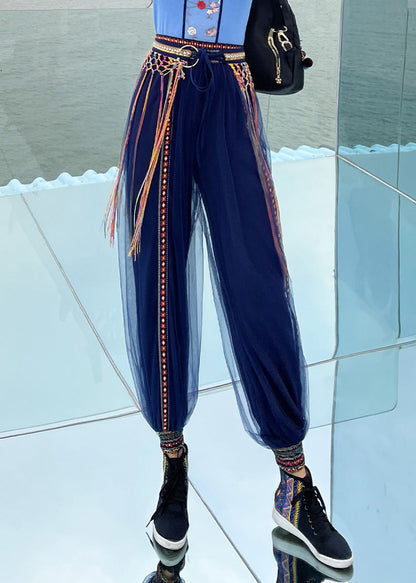 Casual Navy Print Embroideried Elastic Tulle Beam Pants Summer LY0195 - fabuloryshop