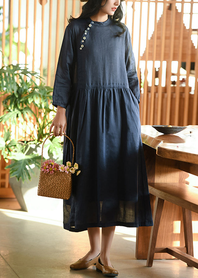 Casual Navy Wrinkled Pockets Patchwork Linen Dresses Fall Ada Fashion