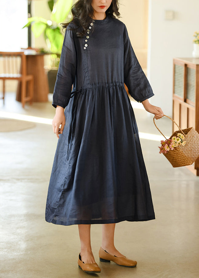 Casual Navy Wrinkled Pockets Patchwork Linen Dresses Fall Ada Fashion