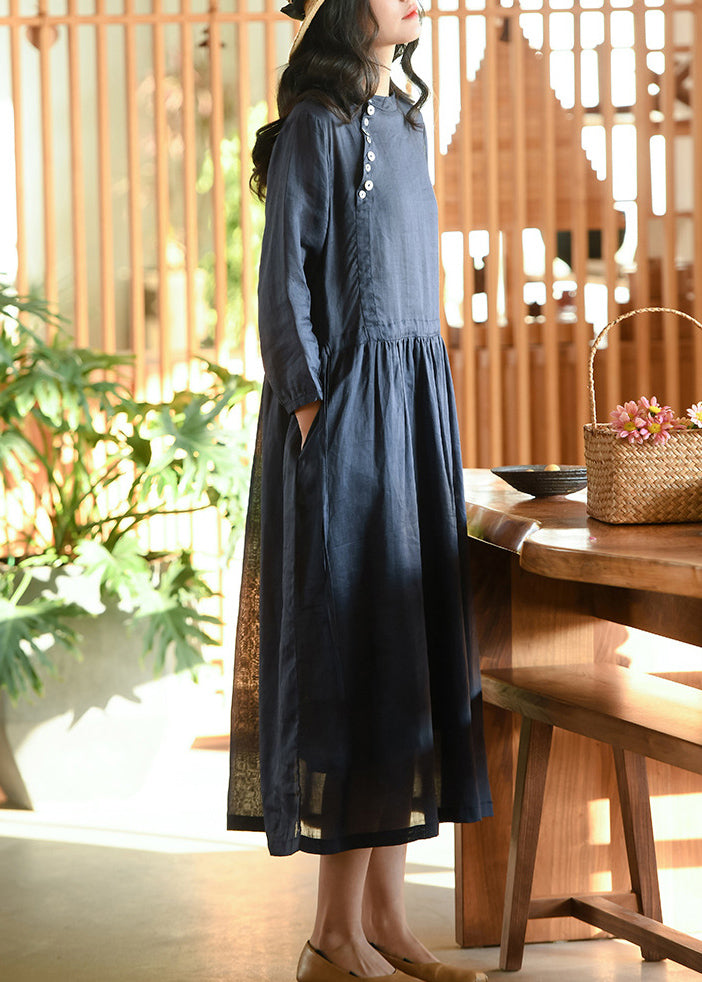 Casual Navy Wrinkled Pockets Patchwork Linen Dresses Fall Ada Fashion