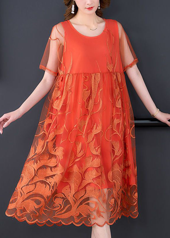 Casual Orange Embroideried Patchwork Tulle Long Dress Summer LY3727 - fabuloryshop