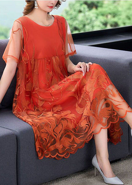 Casual Orange Embroideried Patchwork Tulle Long Dress Summer LY3727 - fabuloryshop