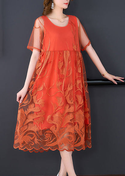 Casual Orange Embroideried Patchwork Tulle Long Dress Summer LY3727 - fabuloryshop