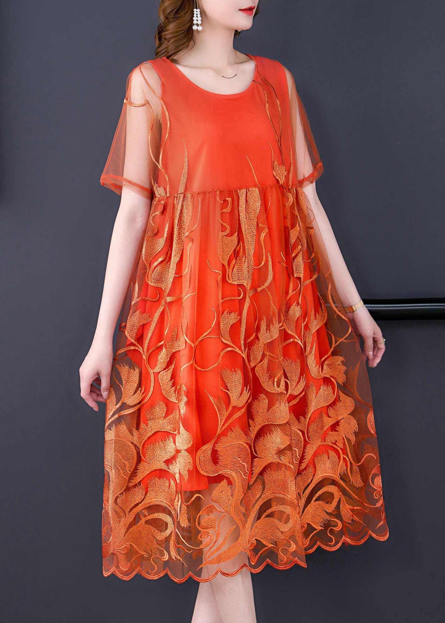 Casual Orange Embroideried Patchwork Tulle Long Dress Summer LY3727 - fabuloryshop