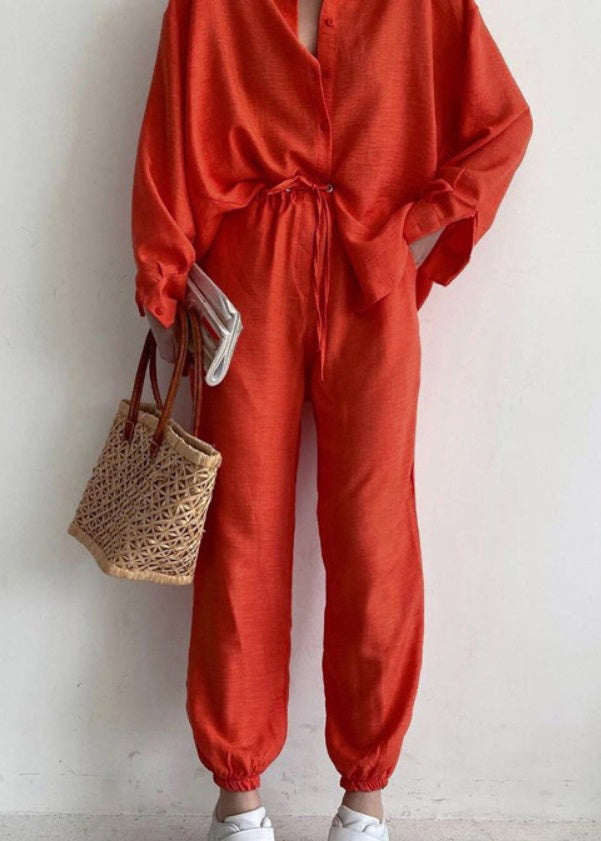 Casual Orange Lapel Button Long Sleeve Shirt Trousers Set LY1940 - fabuloryshop