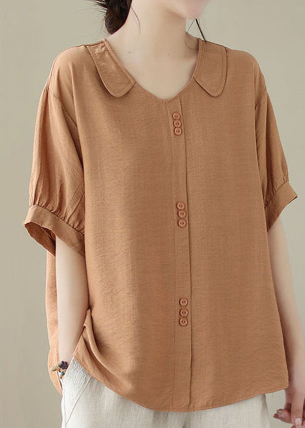 Casual Orange Peter Pan Collar Patchwork Cotton Shirt Tops Summer LY4958 - fabuloryshop