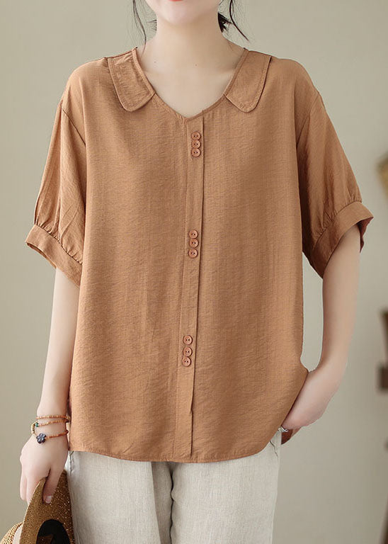 Casual Orange Peter Pan Collar Patchwork Cotton Shirt Tops Summer LY4958 - fabuloryshop