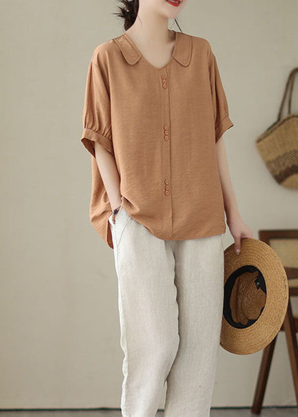 Casual Orange Peter Pan Collar Patchwork Cotton Shirt Tops Summer LY4958 - fabuloryshop