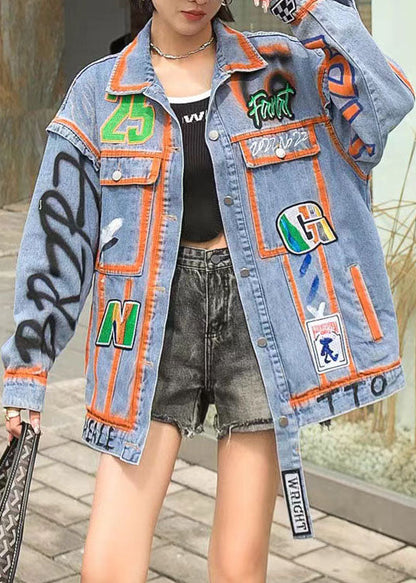 Casual Orange Peter Pan Collar Pockets Graphic Patchwork Denim Coat Spring LY5229 - fabuloryshop