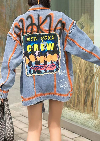 Casual Orange Peter Pan Collar Pockets Graphic Patchwork Denim Coat Spring LY5229 - fabuloryshop