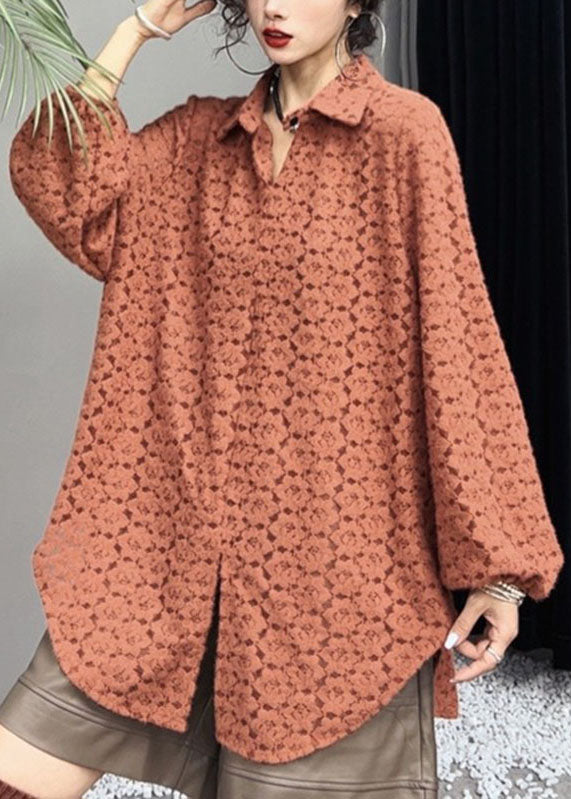 Casual Orange Peter Pan Collar Print Side Open Shirts Long Sleeve Ada Fashion