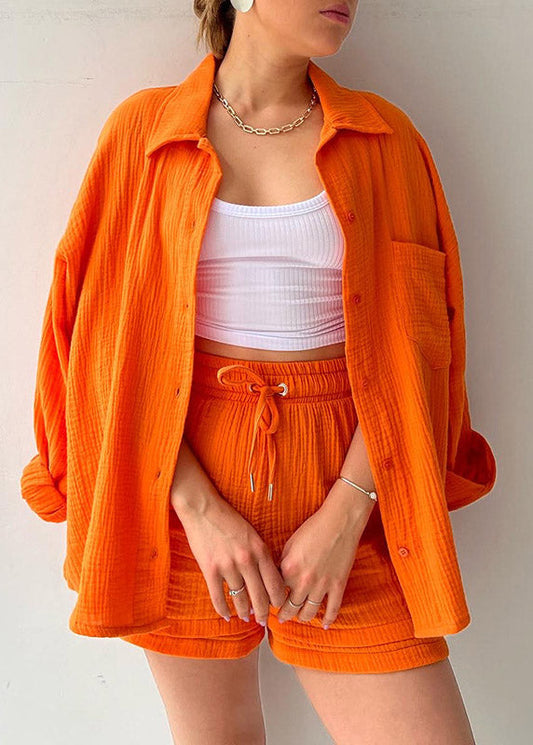 Casual Orange Peter Pan Collar Shirts Vests And Shorts Three Pieces Set Long Sleeve LY3895 - fabuloryshop