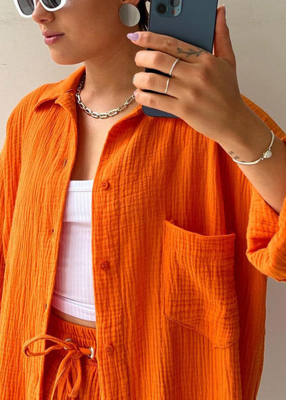 Casual Orange Peter Pan Collar Shirts Vests And Shorts Three Pieces Set Long Sleeve LY3895 - fabuloryshop