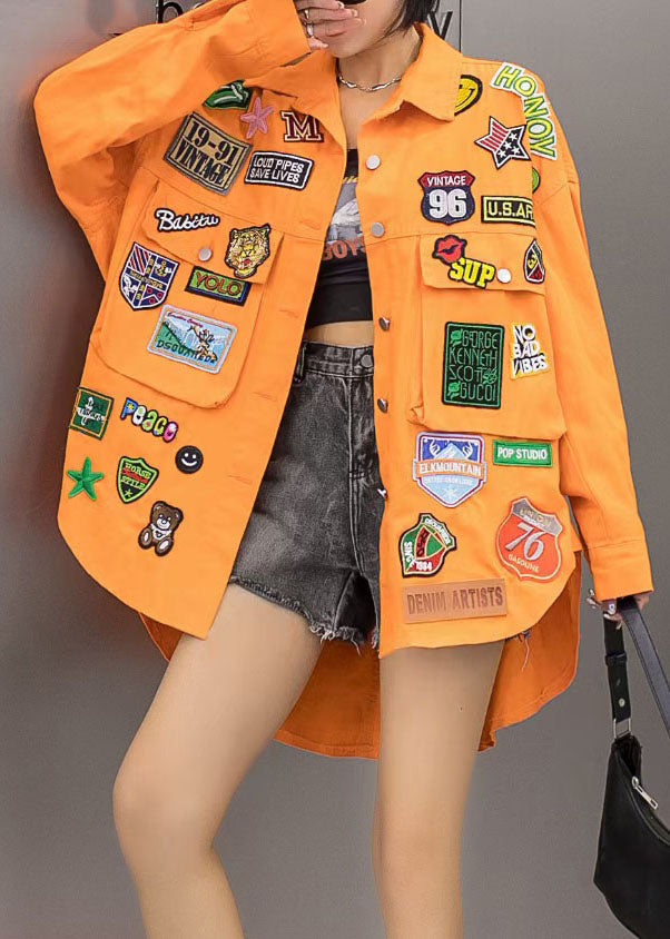 Casual Orange Pockets Graphic Patchwork Denim Coat Spring LY3989 - fabuloryshop