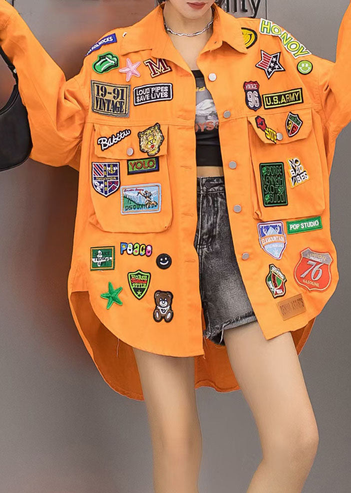 Casual Orange Pockets Graphic Patchwork Denim Coat Spring LY3989 - fabuloryshop