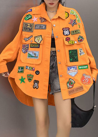 Casual Orange Pockets Graphic Patchwork Denim Coat Spring LY3989 - fabuloryshop