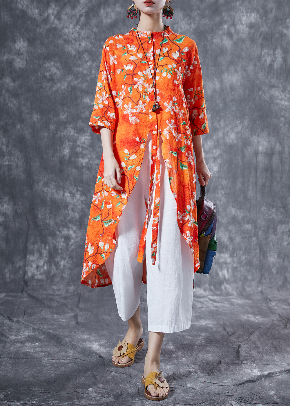 Casual Orange Stand Collar Print Cotton Long Shirt Summer LY4084 - fabuloryshop